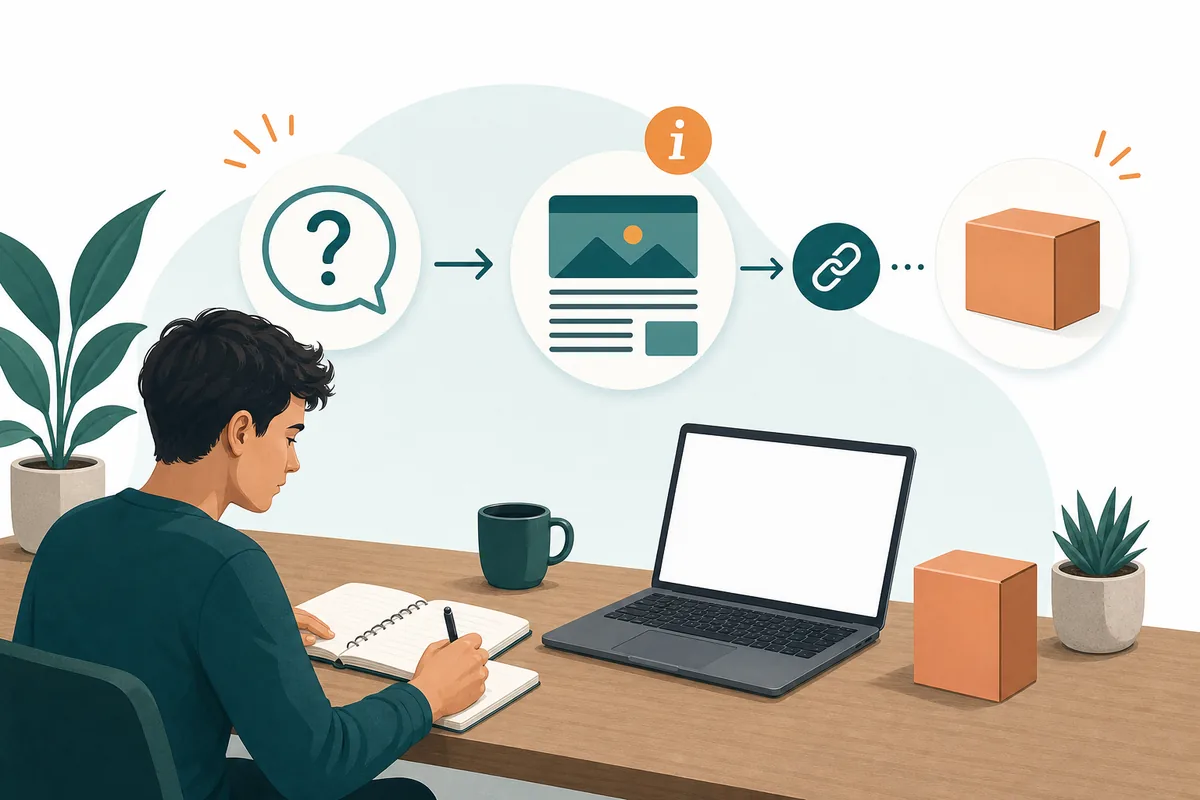 Ein Anfänger plant Affiliate Marketing mit Zielgruppenfrage, hilfreichem Inhalt und transparentem Anbieterlink
