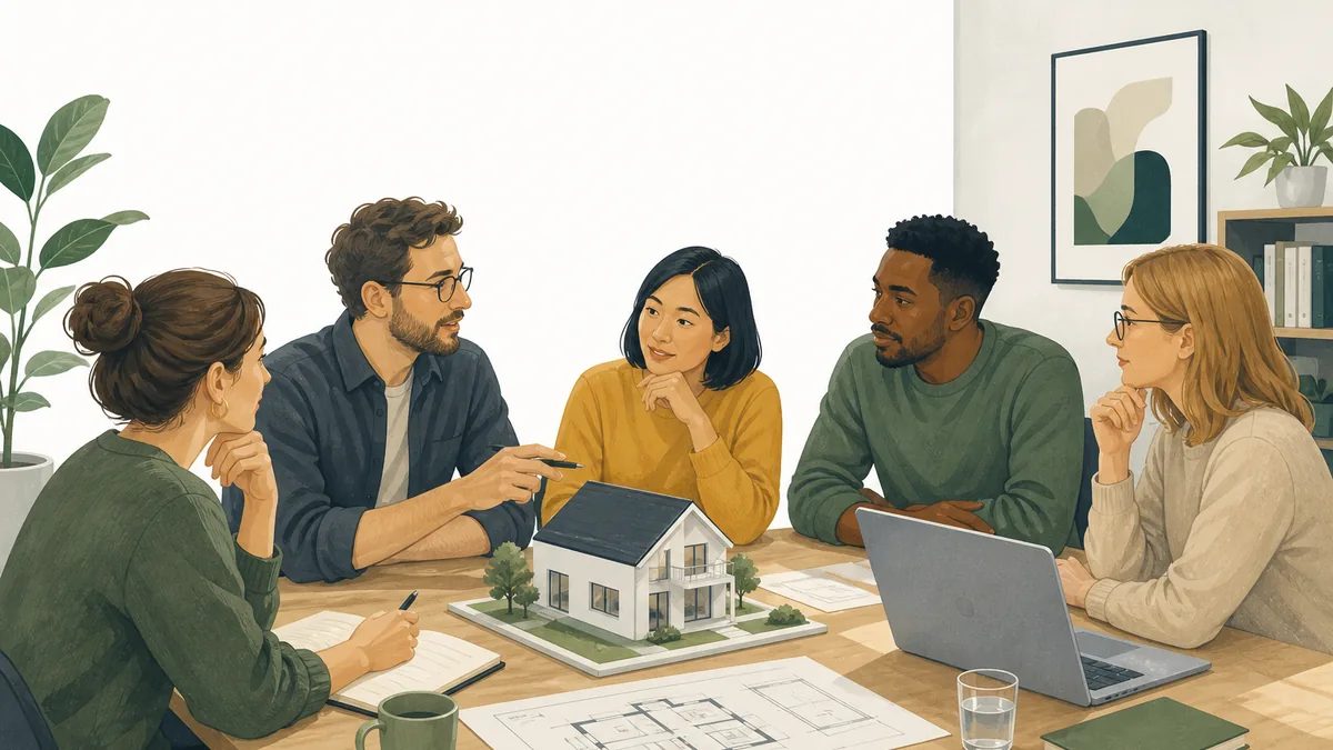 Menschen prüfen gemeinsam an einem Tisch eine Immobilien-Community anhand von Hausmodell, Plan und Notizen