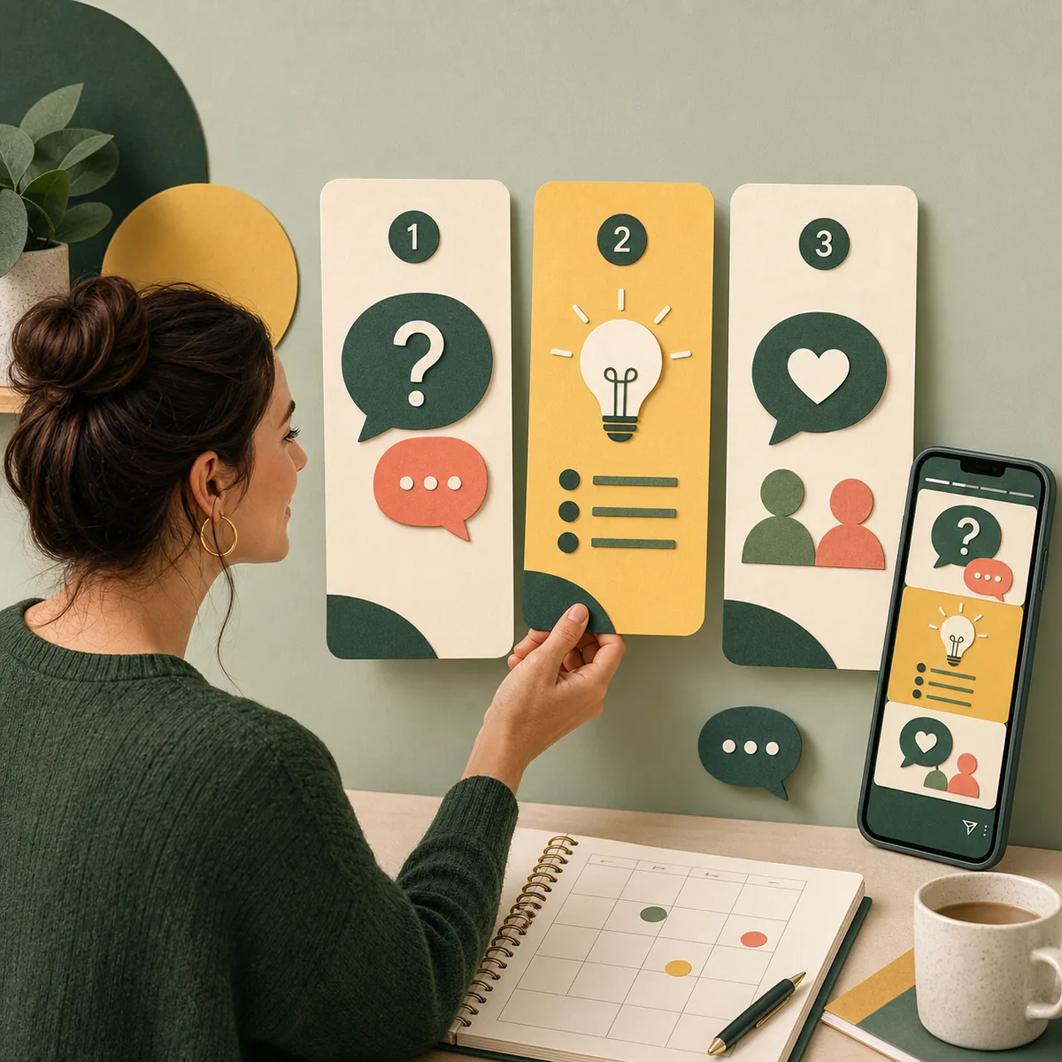 Creatorin ordnet Instagram Story Ideen als Frage, Tipp und Antwort in einer visuellen Abfolge