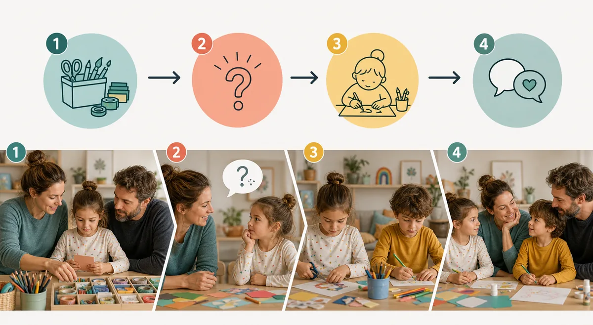 Vier Schritte einer Kreativzeit für Kinder von der Materialwahl über die offene Frage und das Gestalten bis zur Rückschau