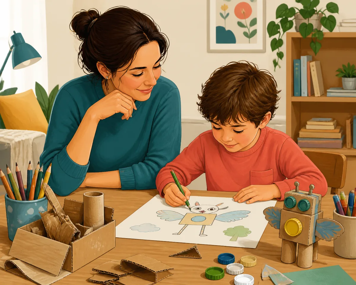 Mutter und Kind gestalten gemeinsam eine offene Zeichenaufgabe mit Papier, Stiften und Recyclingmaterialien