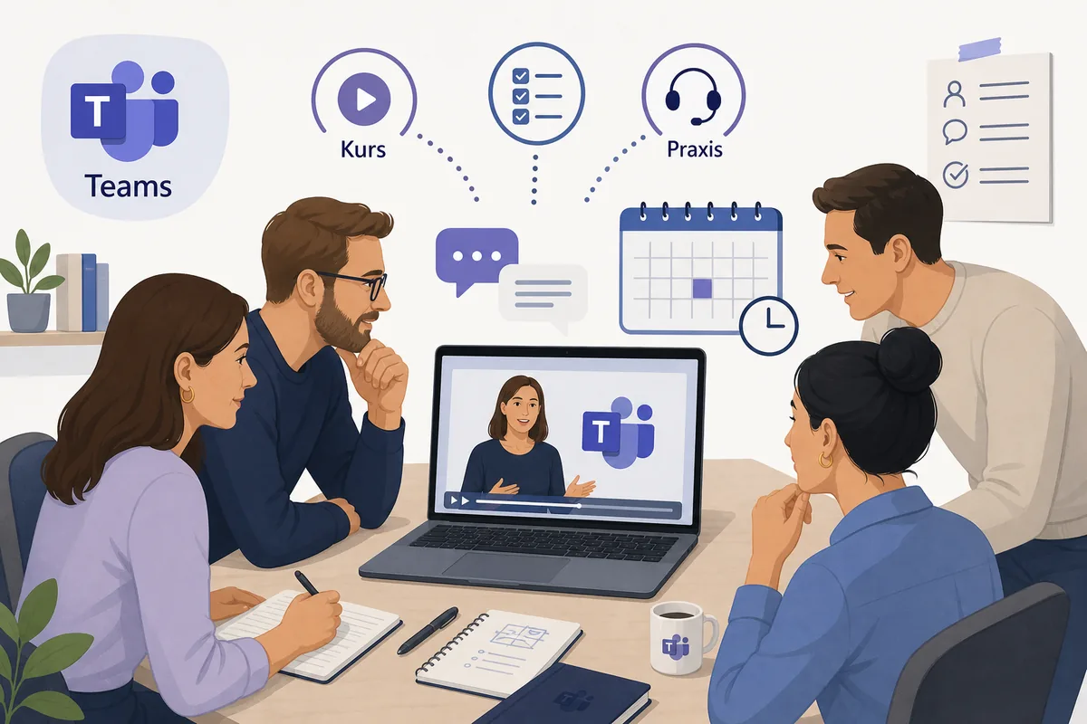 Mitarbeiter lernen Microsoft Teams mit einem strukturierten Onlinekurs fuer Chat, Meetings und Zusammenarbeit