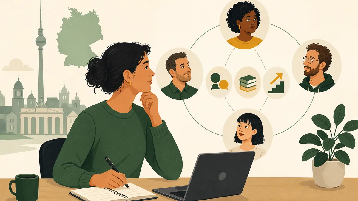 Selbstständige prüft an einem Tisch Austausch, Lernstruktur und nächste Schritte einer Online-Business-Community