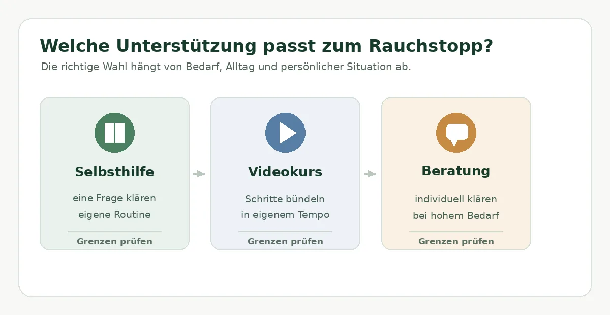 Vergleich von Selbsthilfe, Videokurs und Beratung als mögliche Unterstützung beim Rauchstopp