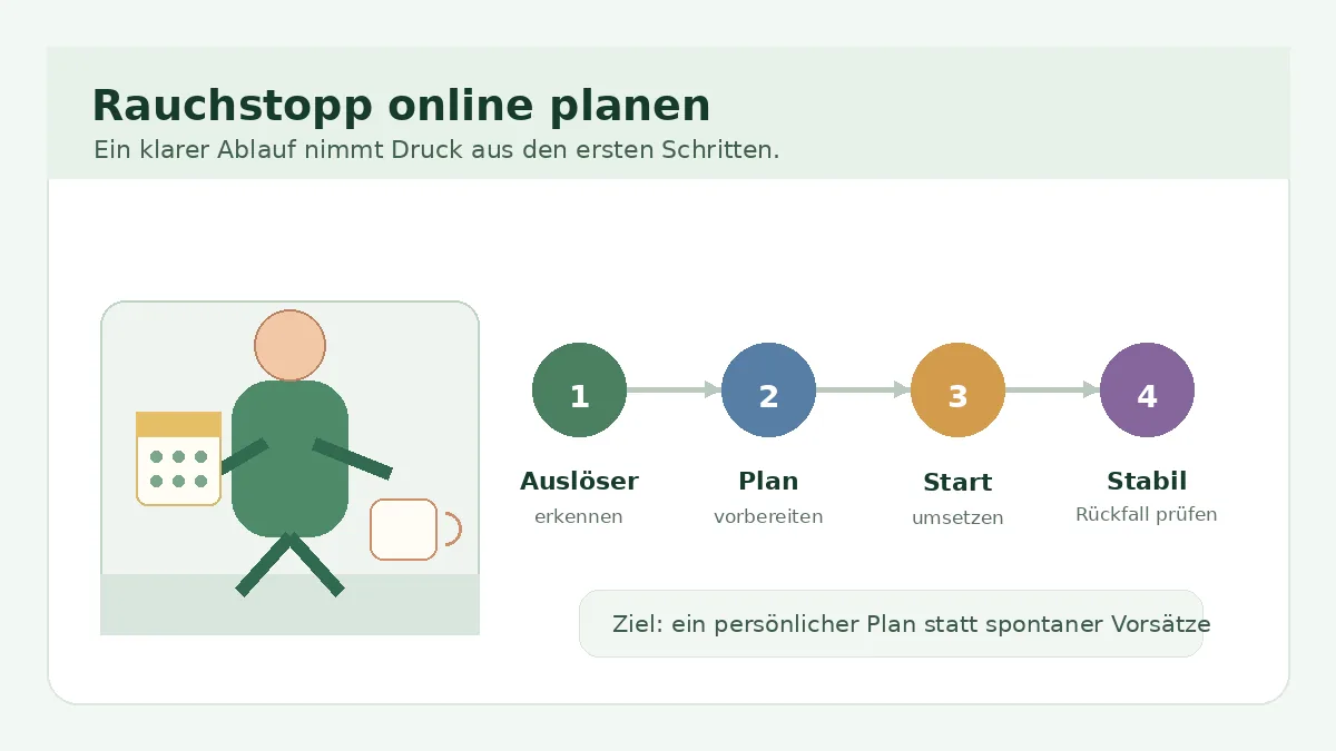 Editoriale Darstellung eines geplanten Rauchstopps mit vier ruhigen Schritten