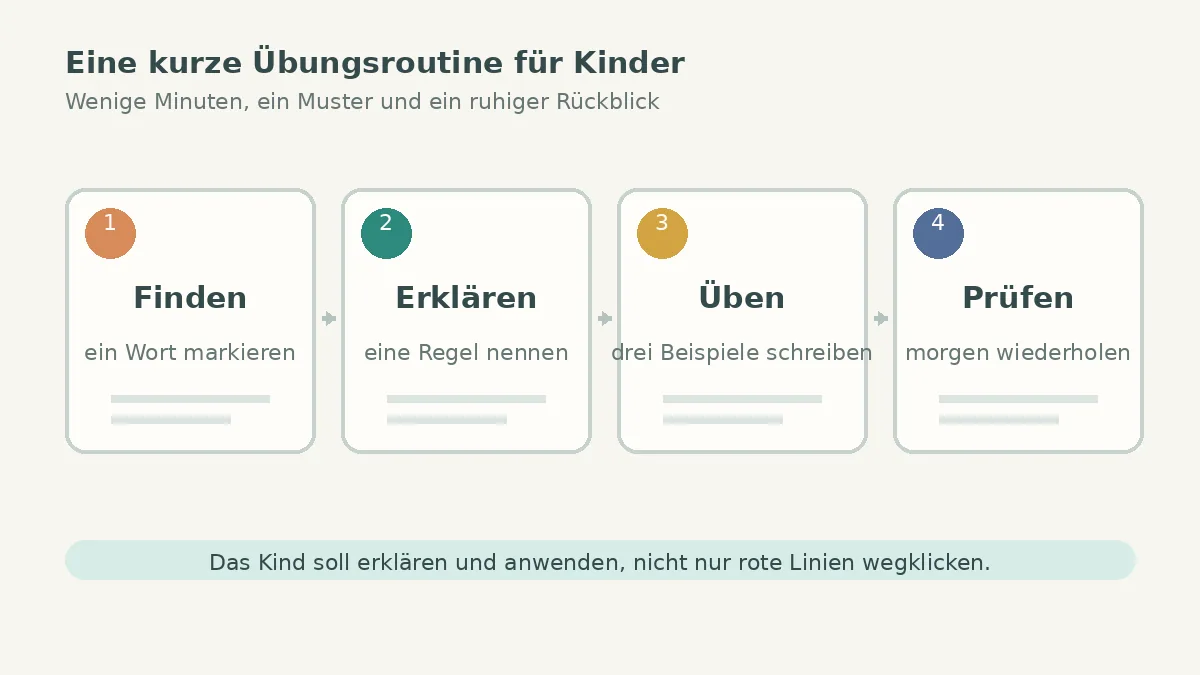Vier Schritte einer kurzen Rechtschreibübung für Kinder: finden, erklären, üben und prüfen
