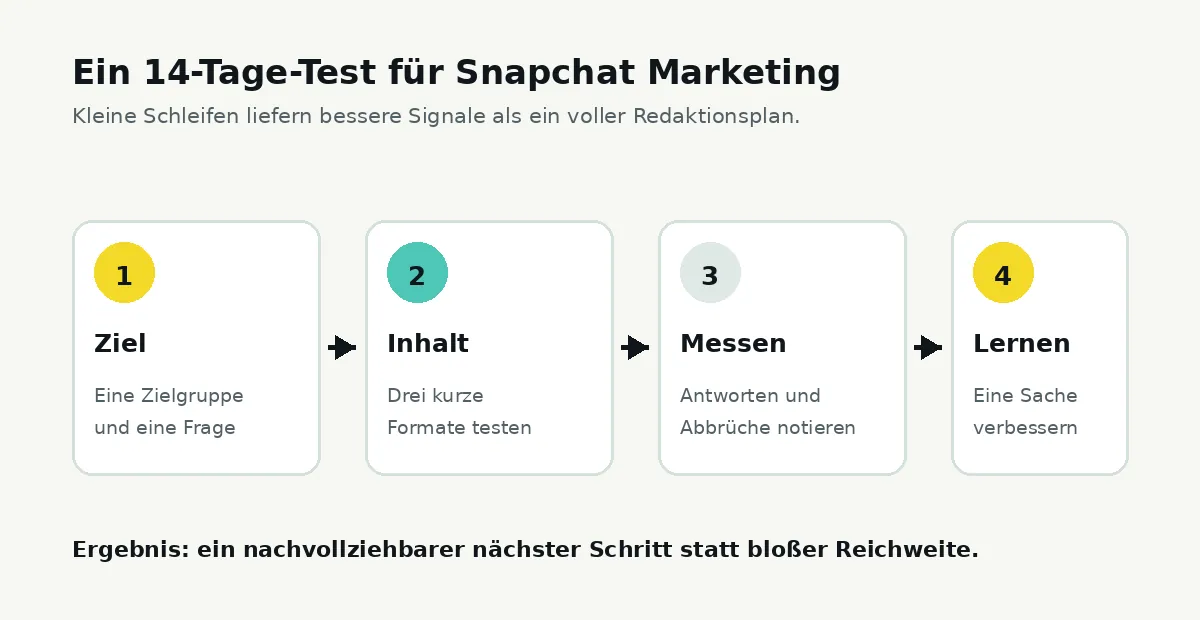 Vier Schritte des 14-Tage-Tests für Snapchat Marketing: Ziel, Inhalt, Messen und Lernen
