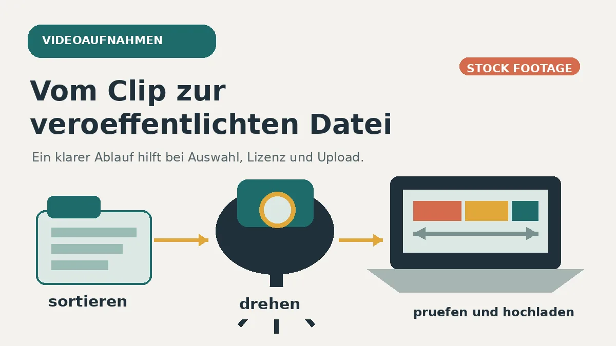 Kamera, sortierte Videoclips und Laptop zeigen den Weg von der Aufnahme zur veröffentlichten Stock-Footage-Datei