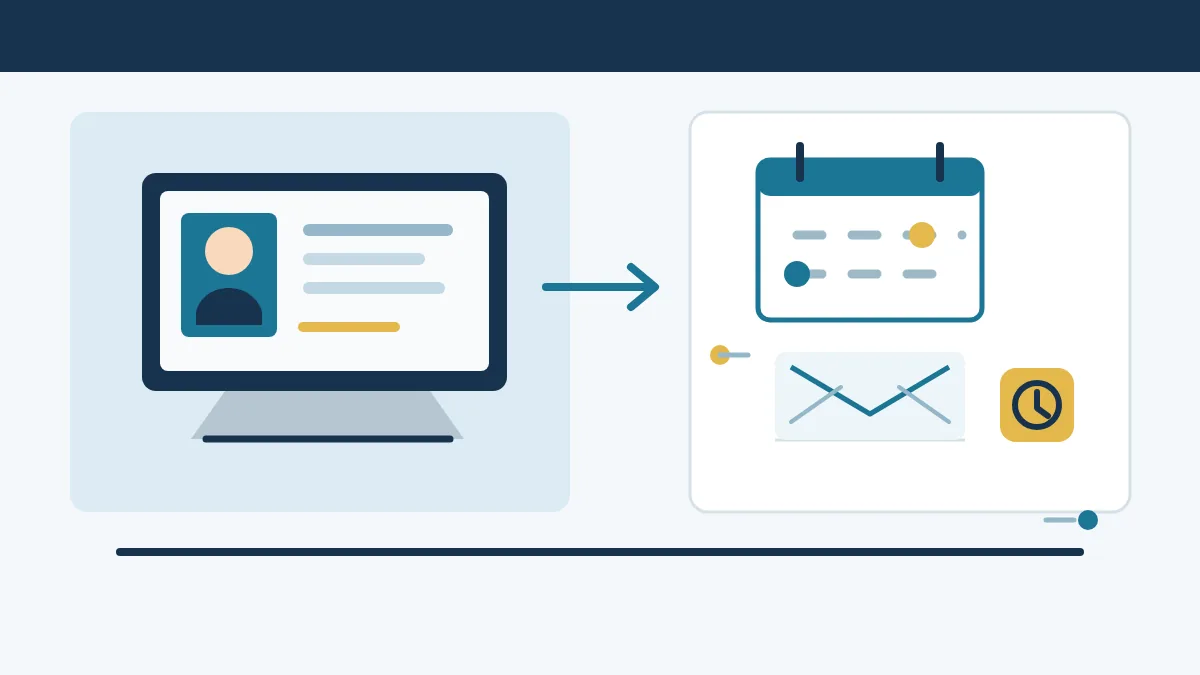 Editoriale Darstellung eines Webinars mit Videopraesentation, Kalender und E-Mail-Ablauf