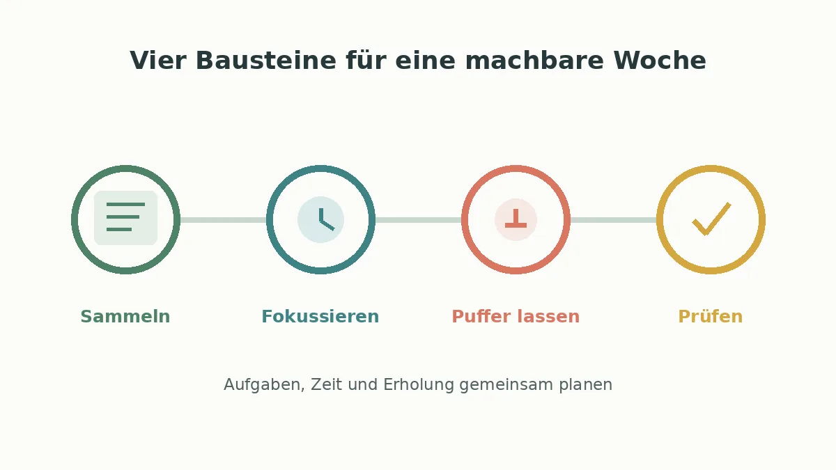 Vier Schritte für eine planbare Arbeitswoche: Aufgaben sammeln, Fokuszeit schützen, Puffer lassen und die Woche prüfen