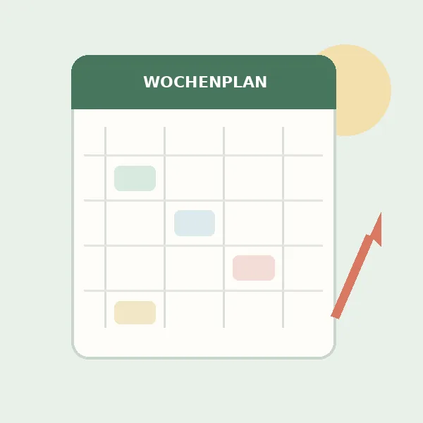 Neutrale redaktionelle Illustration eines Wochenplans mit wenigen Arbeitsblöcken und freier Zeit