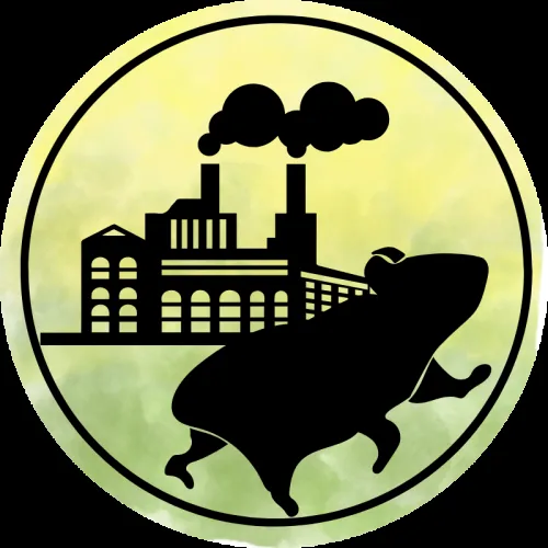 Symbolische Grafik der ByeBye Hamsterrad Community mit Stadt, Fabrik und Hamsterrad